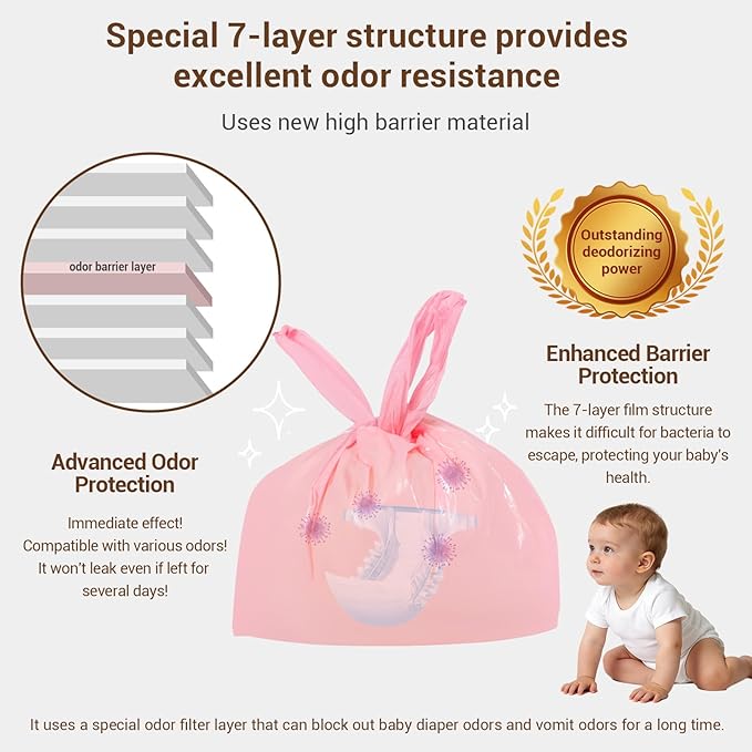Odor Sealing Diaper Disposable Bags with Tie Handle, 160 count | Large Capacity, Unscented & Durable Diaper Trash Bags for Home & Baby Travel Use (Color:Pink)