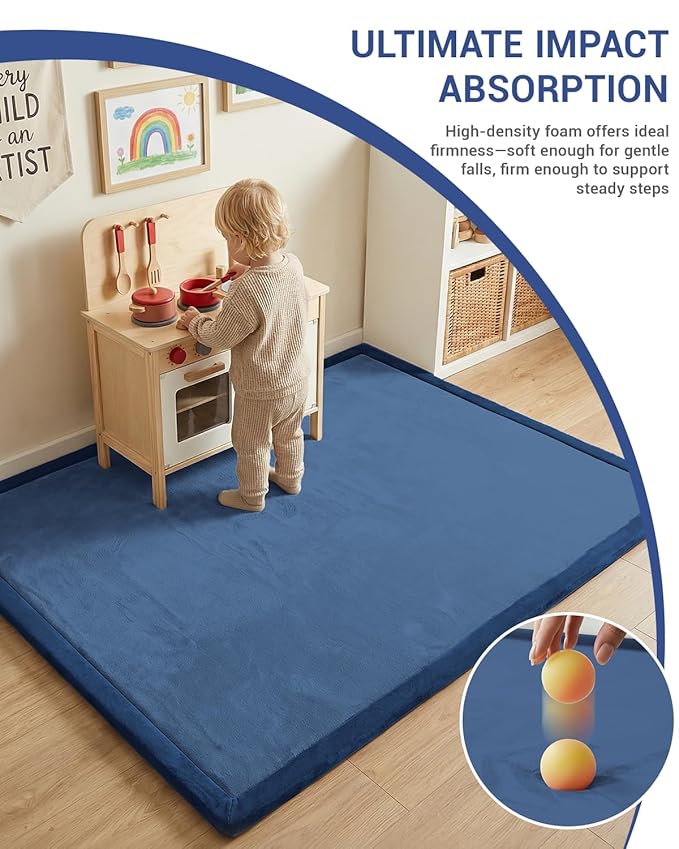 Baby Play Mat for Floor,1.3" Thick 50x50 Playpen Mat,Tummy Time Foam Mats,Plush Soft Padded Playmate for Babies 6-12 Months Crawling,Non-Slip Nursery Rug for Toddler Kids Playroom(Navy Blue)