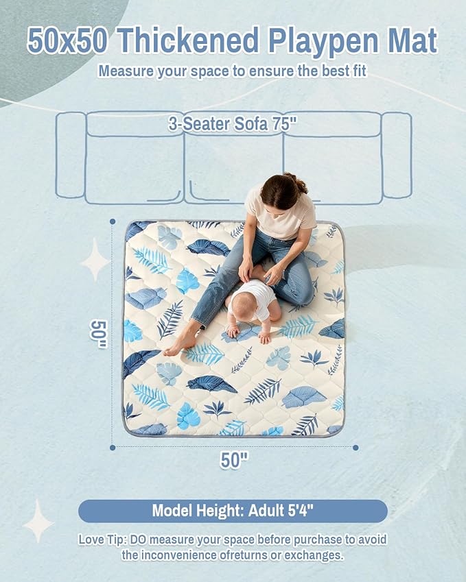 Baby Play Mat, 50x50 Thickened Playpen Mat, Non-Slip Baby Mat for Floor, Foldable Portable Playmat Suitable for babies learning to crawl and for travel