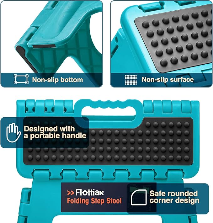 Flottian 13" Folding Step Stool for Adults and Kids Holds Up to 300 lbs,Non-Slip Folding Stools with Handle, Compact Plastic Foldable Step Stool for Bathroom,Bedroom, Kitchen Ocean Blue,1PC