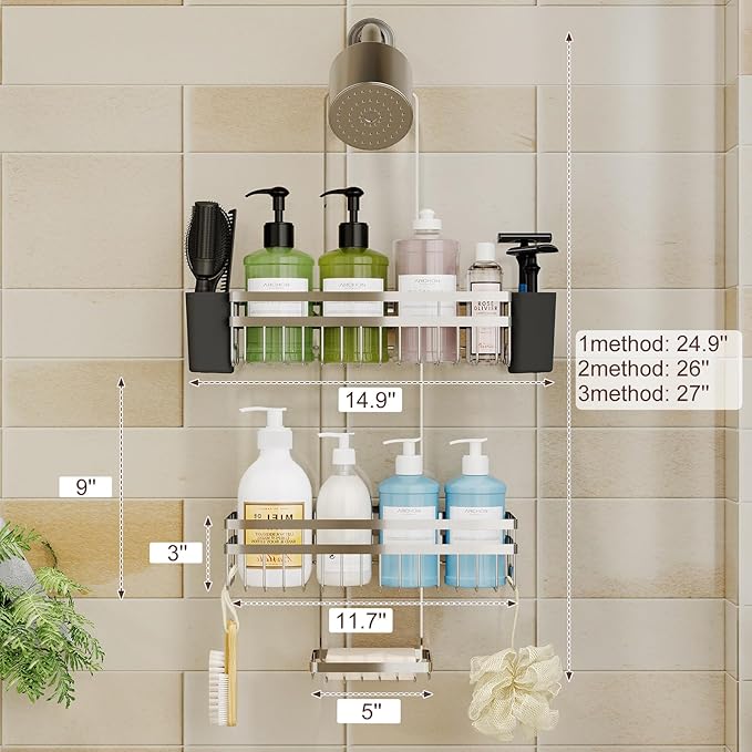 Shower Caddy Hanging for Bathroom Organizers and Storage, 3 Tier Adjustable Anti-Swing Shower Organizer Hanging with Heavy-Duty Suction Cups, Damage-Free Rustproof (Chrome)