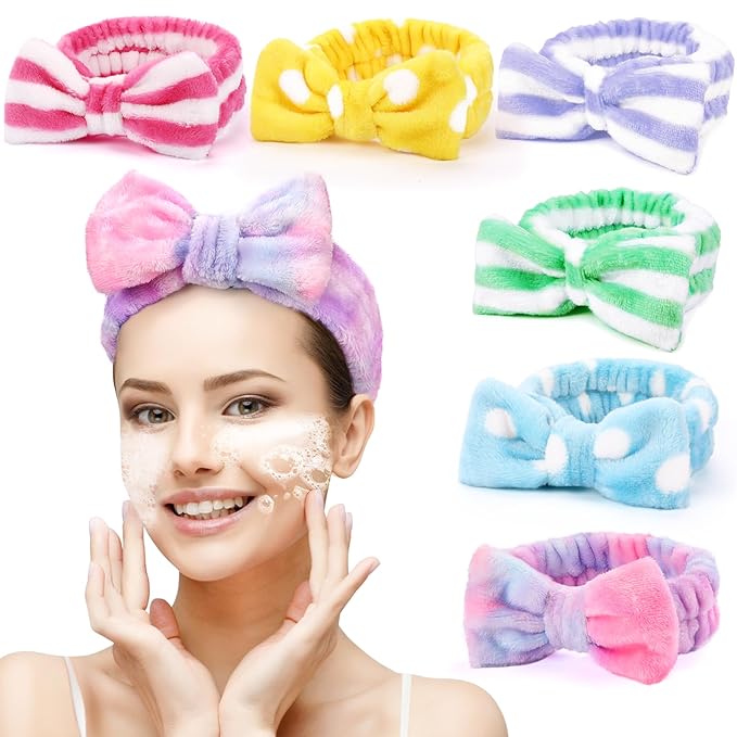 6 Pack Spa Headband for Women Skincare Makeup Headband Soft Coral Fleece Bow Hairband Party Favors Goody Bag Stuffers Christmas Stocking Stuffers for Woman Adult Teen Spa Gifts For Women Gifts Basket