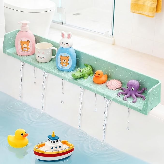 Splash Guard for Bathtub, Silicone Bathtub Splash Guard with Suction Cups, Bath Toys Holder Shelf, Bath Tub Side Tray for Bathroom Storage and Water Spill Prevention, Green