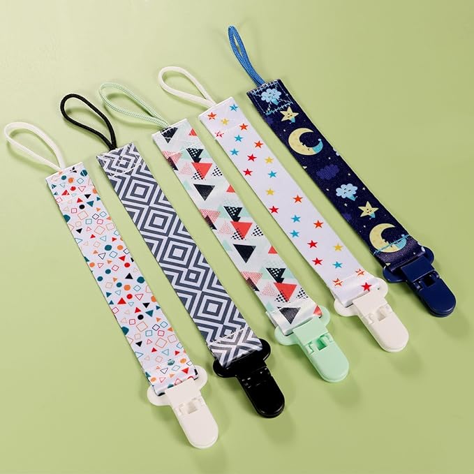 12 Pack Pacifier Clips with Short Strap(25.5cm) - Premium Polyester Baby Pacifier Holder Set, Multi-Design Clips for Boys Girls (Multicolor E 25.5cm)