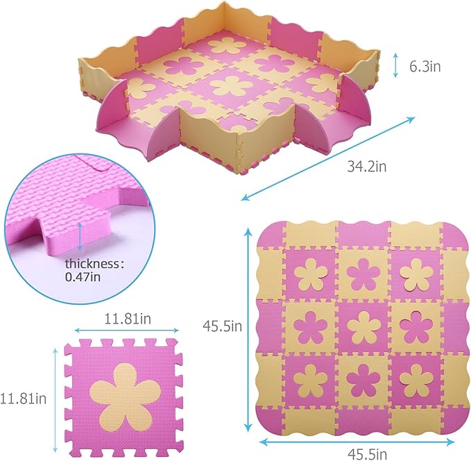 Tamiplay Foam Play Mat for Kids，25Pcs Square Interlocking Puzzle Floor Mat，Baby Play Mat Floor Mat Foam Puzzle Playmat for Toddlers with Fence（Pink Flower-CSH032