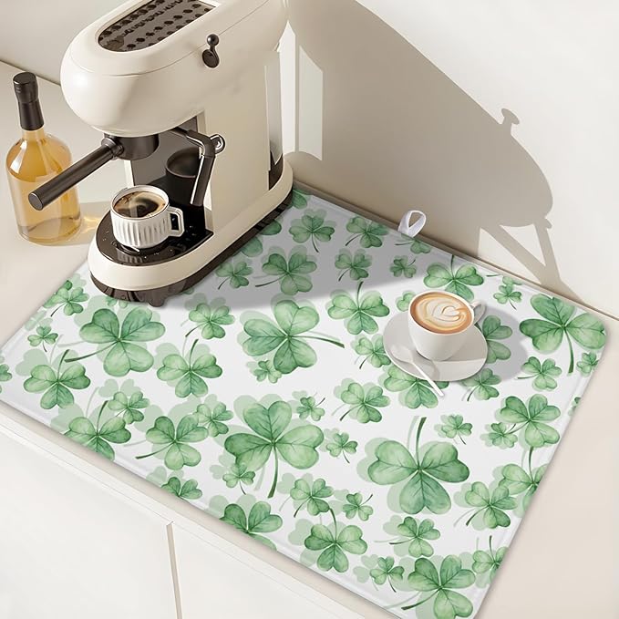 St Patrick's Day Dish Drying Mat for Kitchen Counter,Green Lucky Charm Shamrocks Drying Mat 18 x 24 Inch with High Absorbent Microfiber Drainer Mat for Coffee Bar