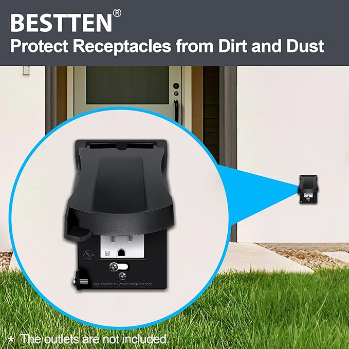 [3 Pack] BESTTEN Outdoor Outlet Cover for GFCI and Decor Receptacle, Weather Proof, Vertical/Horizontal Auto-Closing Lid, UL Listed, Black, H4.65” x W2.87” x D0.71”