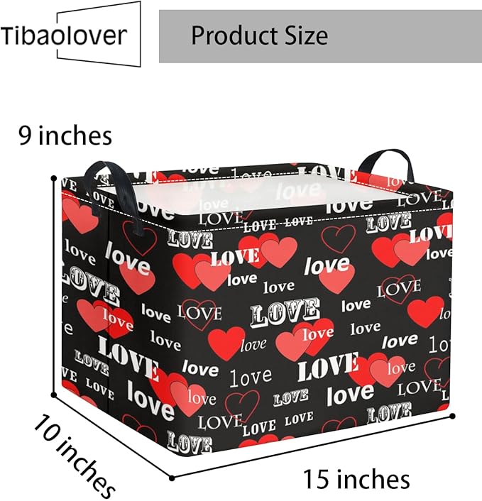 TIBAOLOVER Rectangular Valentines Basket for Home Kitchen Girls Cute Kids Storage Bin Organizer Shelf Book Room Decor(Black Red Love)