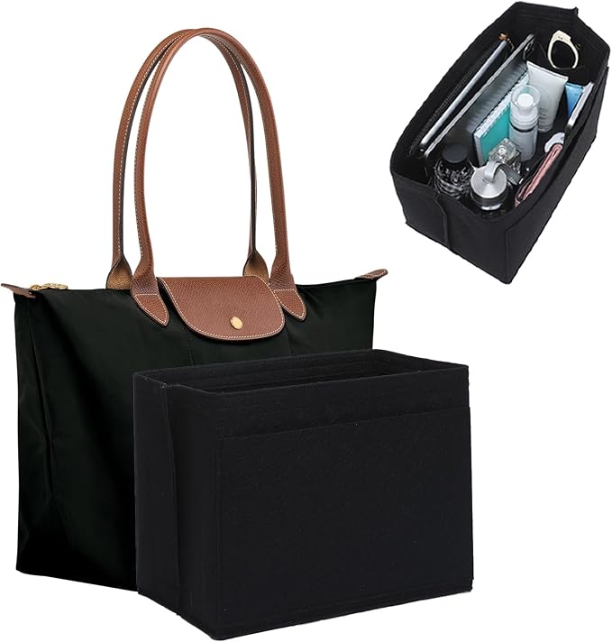 Premium Felt Purse Organizer Insert for Longchamp Le Pliage M, Zipper Long Champ Bag Organizer Insert with Cup Holder, 9 Compartments(Black, Medium)