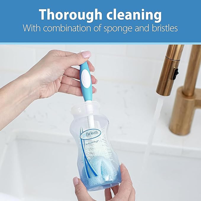 Dr. Brown's Silicone Cleaning Brush Set with Bottle, Spout, and Straw Brush, 3-Pack + Baby Bottle Sponge Brush, Blue, 3-Pack