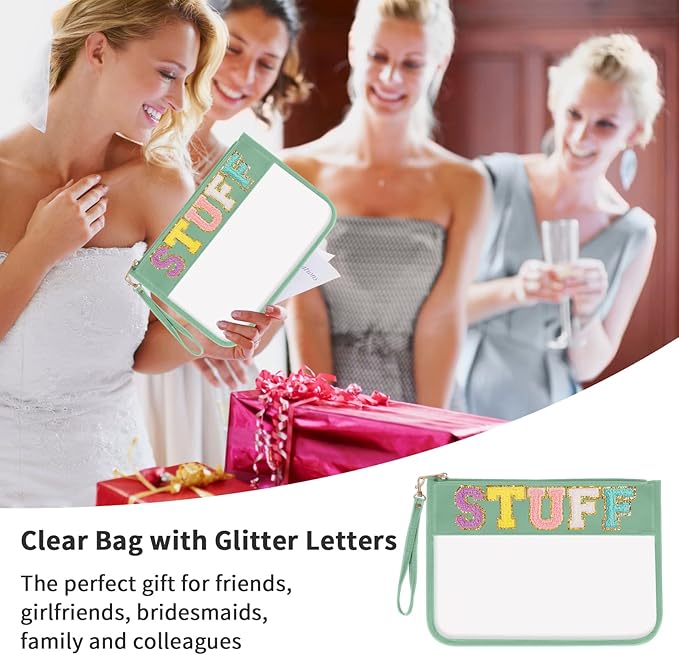 Iqimott Chenille Letter Clear Bag Stuff Pouch, Monogram PVC & PU Makeup Cosmetic Bag Zipper Toiletry Pouch, Waterproof Portable Travel Beach Snack Wristlet Bags for Women Girls(Stuff, Green)