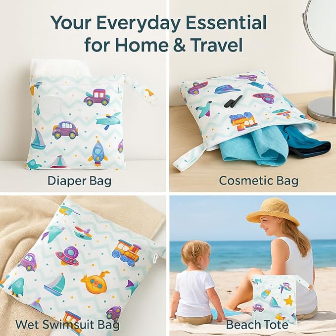 FANALALA Waterproof Wet Dry Bag, Reusable Diaper Pouch with Zipper, Machine Washable Travel Organizer for Beach, Daycare, Kids, Dinosaur Pattern (Purple UFO)