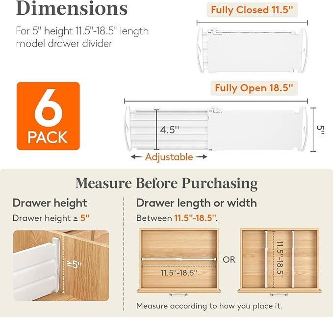 Lifewit 5" Tall 6 Pack Drawer Dividers, 30-47cm/11.5-18.5" Expandable Drawer Divider for Clothes, Adjustable Dresser Drawer Organizers, Drawers Separators for Dresser/Bathroom/Closet/Kitchen White