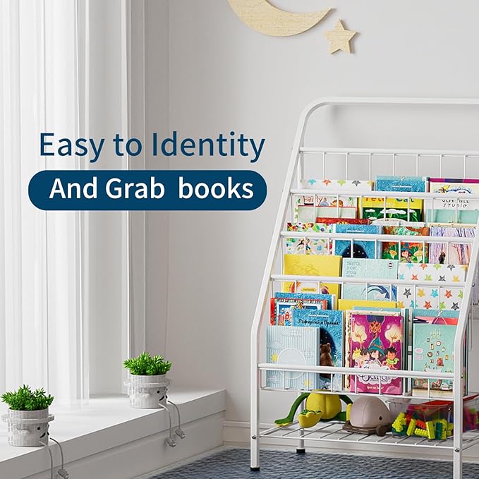 JAQ Kids Bookshelf, 4-Tier Metal Sling Kid Display Bookshelves Bookcase with Toy Storage in Baby Library Room Classroom Playroom for Toddlers Nursery Children (4-tier/28.35inch, White)