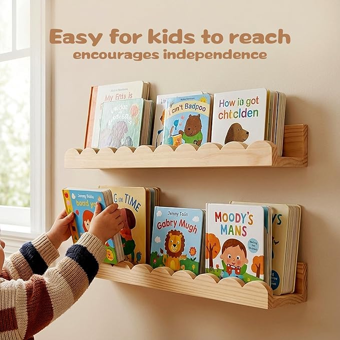 Nursery Floating Shelves for Kids Room, 4 Pack 15.7 Inch Natural Wood Wall Shelves with Scalloped Edge, Kids Bookshelves for Toddler Bedroom, Playroom, Baby Nursery Decor