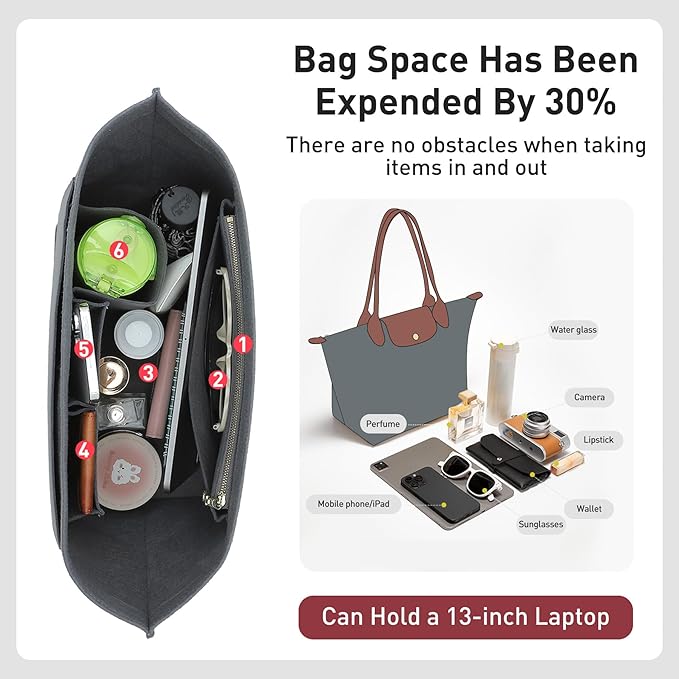 Premium Felt Purse Organizer Insert Compatible with Longchamp Le Pliage Large and More, Zipper Long Champ Bag Organizer Insert with Cup Holder, 8 Compartments (Light Gray,L)