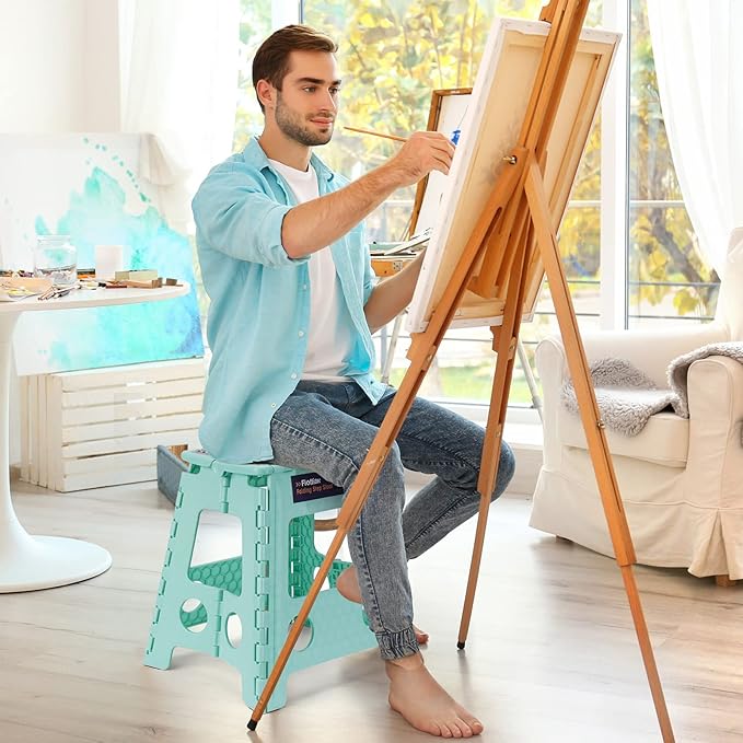 Flottian 16" Folding Step Stool for Adults and Kids Holds Up to 300 lbs,Non-Slip Folding Stools with Handle, Compact Plastic Foldable Step Stool for Bathroom,Bedroom, Kitchen, Teal,1PC