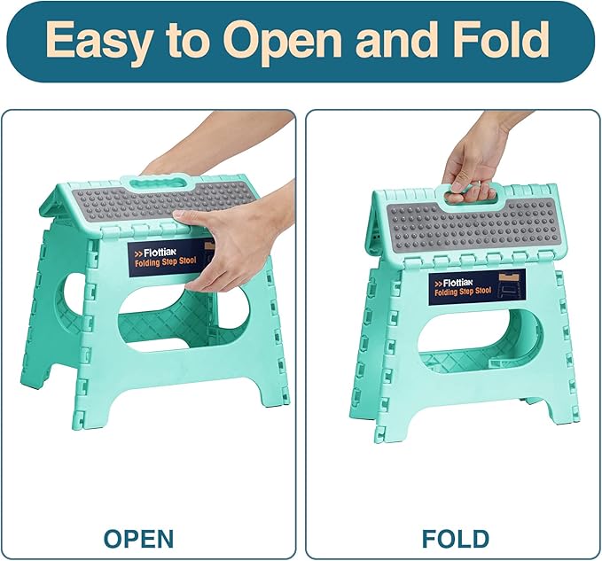 Flottian 11" Folding Step Stool for Adults and Kids Holds Up to 300 lbs,Non-Slip Folding Stools with Portable Handle, Compact Plastic Foldable Step Stool for Bathroom,Bedroom, Kitchen Teal