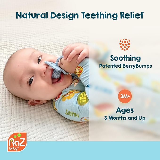 RaZbaby RaZberry Silicone Teether Pacifier – Teething Relief for Infants, Food-Grade, BPA-Free, Hands-Free, Natural Berrybumps Fruit Texture for Sensory Development, Freezable, 2-Pack - Black & White
