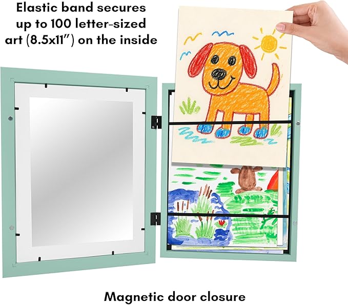 Americanflat Kids Artwork Frame Changeable (Seafoam Green) - Magnetic Door Holds 100 Art Pieces - 8.5x11 Letter Size Display with Mat or 10x12.5 Without Mat - My Mini Masterpiece