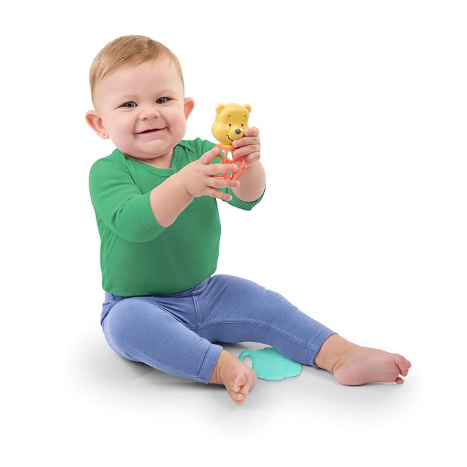 Bright Starts Disney Baby Winnie The Pooh Hunny & Shake Rattle & Teether, Stroller Toy for On The Go, Newborns & Up