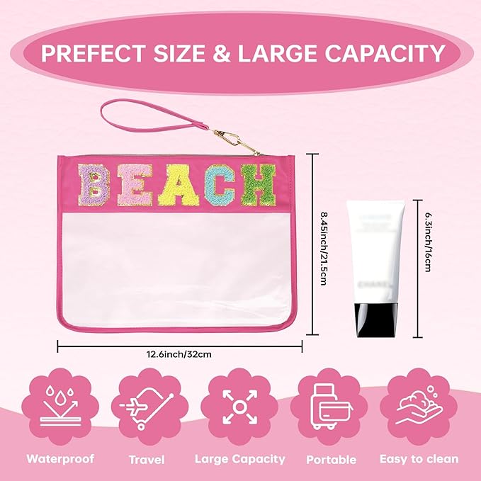 Beach Bag,Sunscreen Bag, Chenille Letter Clear Zipper Pouch for Travel Preppy Patch Makeup Bag-Nylon Cosmetic Preppy Makeup Waterproof Organizer Bags Set for Women Valentines Bags (MH-BEACH)