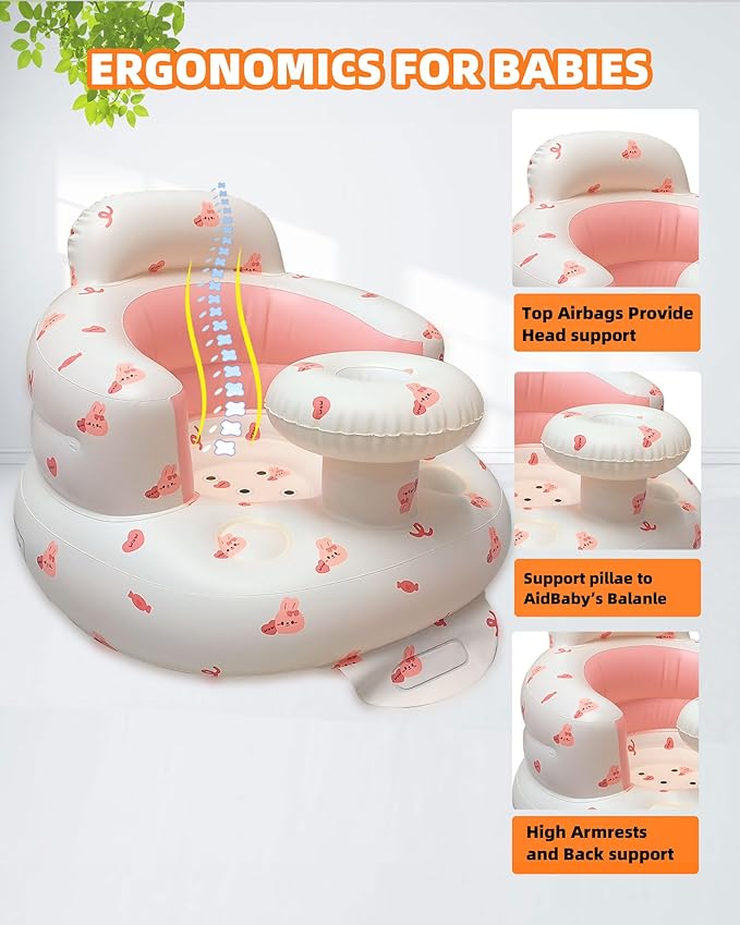 AGITVPS Upgrade Inflatable Baby Seat with Tray for Babies 3-36 Months, Built in Air Pump Bumbo Seat with Tray, Baby Chair Sit Me up Floor Seat for Baby, Learning to Sit&Feeding (Tray-Love Bunny)