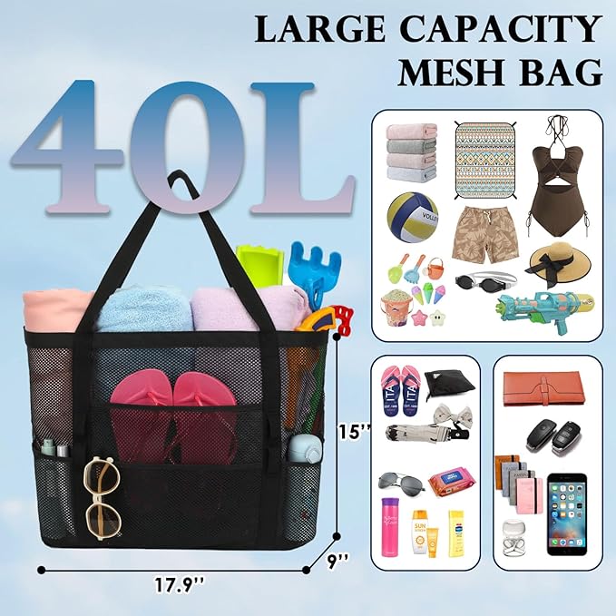 Mesh Beach Bag, Large Beach Tote with Zipper Pocket for Family Pool Bag for Toys & Vacation Essentials