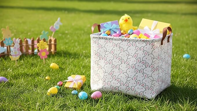 HKEC Rectangle Easter Gift Basket Empty,Collapsible Kids Toys Bin for Playroom/Bedroom,Room Decor(Bunny)