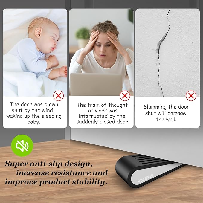 1 Pack Rubber Door Stopper Wedge - Black Non-Slip Soft TPR High-Elastic & Zinc Alloy Metal Material Door Stops for Bottom of Heavy Duty Door Wall Protector for Home & School with Self Adhesive Holder