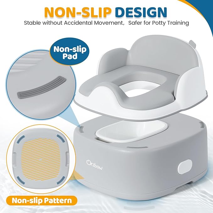 Orzbow 3-in-1 Toddler Potty Training Toilet | Baby Potty Chair, Toilet Topper Training Seat and Step Stool for Boys and Girls, Easy-to-Clean with Splash Guard and Lid, Grey