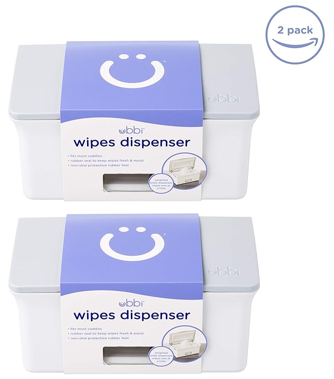 Ubbi Set of 2 Baby Wipes Dispensers with Weighted Plates and Secure Seals, Nursery and Baby Registry Essential to Keep Wipes Fresh and Changing Table Organized, Gray