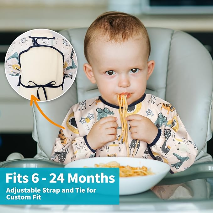 3 Pcs Long Sleeved Bib Set | Baby Waterproof Bibs with Pocket Bundle Toddler Bib with Sleeves and Crumb Catcher 6-24 Months
