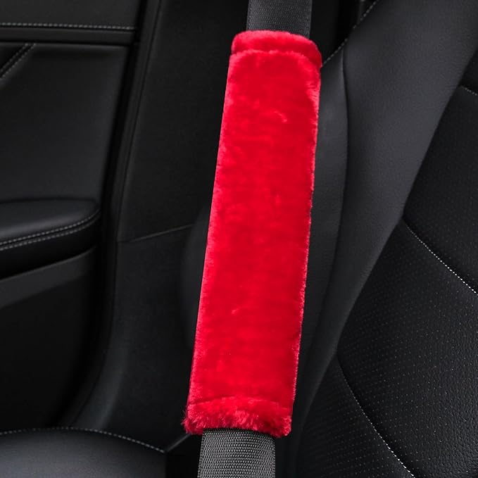 Amooca Soft Faux Fur Universal Fit Seatbelt Cover Car Truck SUV Airplane Seat Belt Shoulder Pad for Carmera Backpack Straps Neck Cushion Protector 2 Pack 10.5in Red