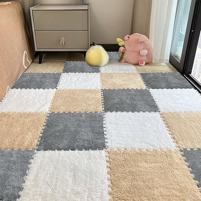 12pcs Carpet Squares Puzzle Floor Mat, Plush Interlocking Carpet Tiles, Anti Slip EVA Foam Jigsaw Floor Tiles, Build A Safe Area for Bedroom Playroom (White+Beige+Grey)