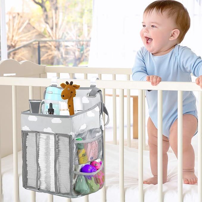 Diaper Caddy Hanging Diaper Caddy Organizer, Hanging Nursery Nappy Organiser Diaper Holder Caddy Stacker for Baby Girl Boy Crib Changing Table Playard Wall Baby Shower Gifts Bedside Storage Bag -Grey