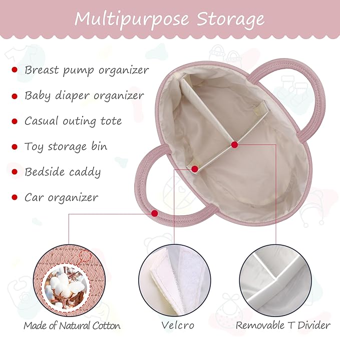 COMSE Baby Diaper Caddy Organizer, Car Caddy, Diaper Change Organizer, Gift Baskets Empty, Portable Tote Bag with Divider, Baby Shower Gifts Newborn Essentials Registry Must Have, Dusty Pink