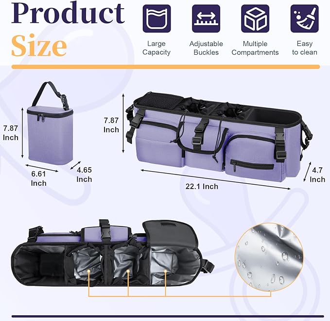 Double Stroller Organizer Compatible with Bob Duallie and Baby Jogger City Mini GT2, Double Baby Stroller Accessories with Cooler Bag, Parent Console Double Jogging Stroller Caddy, Purple