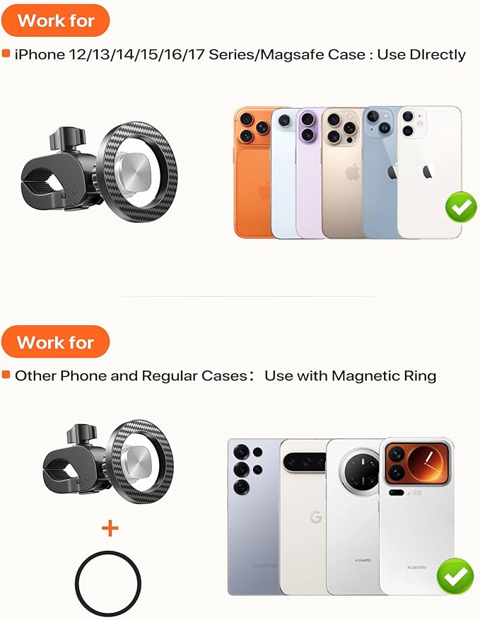Magnetic Phone Holder Clamp Mount:[24*N55 Magnet & Fit for PopSocket]Rotatable Handlebar Accessories for MagSafe for Stroller,Peloton,Steering Wheel,Push Cart,Treadmill,Fit for iPhone 12-17 Series
