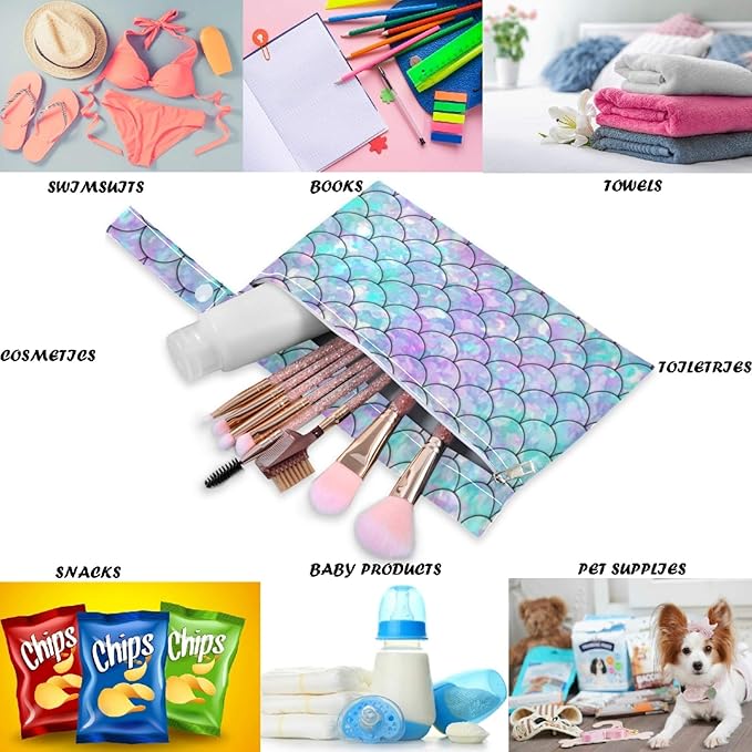 visesunny 2Pcs Wet Bag with Zippered Pockets Beautiful Rainbow Mermaid Scale Washable Reusable Roomy for Travel,Beach,Pool,Daycare,Stroller,Diapers,Dirty Gym Clothes, Wet Swimsuits, Toiletries