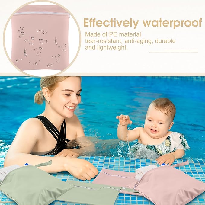 Reginary 8 Pack Wet Dry Bags Waterproof Reusable Travel Zipper Pouch for Baby Cloth Diapers, Swimsuits, Wet Clothes, Toiletries, Beach, Pool, Yoga Gym Bag, 2 Sizes (Solid Color)