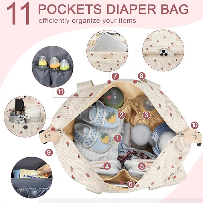 Pritent Diaper Bag Tote - Diaper Baby Bags with Pacifier Case, Shoulder Straps, Stroller Clips, Waterproof Large Mommy Maternity Travel Baby Bag for Mom and Dad, strawberry