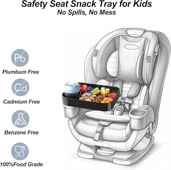 Car Seat Snack Tray for Kids, Mess-Free Square Travel Tray Cup Holder Snack Tray, Durable Car Food Tray for Toddlers, Universal Fit Kids Travel Road Trip Essentials (Black)
