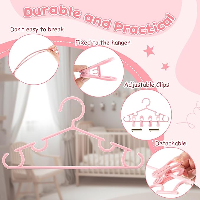 Hsei 5/10/40 Pack Baby Hangers with 10/20/80 Clips, Plastic Kids Pants Hangers for Nursery Closet Top and Bottom Clothes Hanger Set for Newborn Infant Toddler(120 Packs Total,Flesh Pink,10.6 Inch)