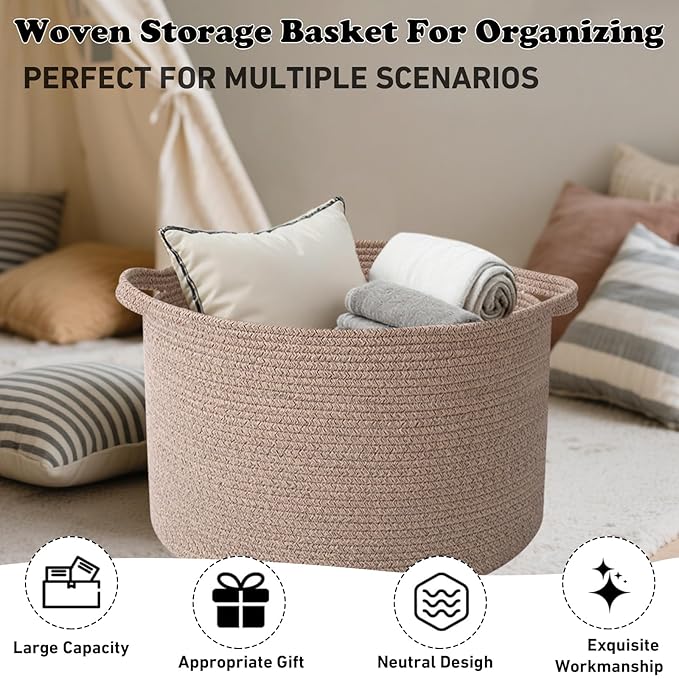 Large Storage Basket with Handle,19.7" L x 19.7" W x 13" H Blanket Basket Storage Bins for Organizing,65L Cotton Rope Woven Baskets for Living Room, Nursery,Bedroom,Brown