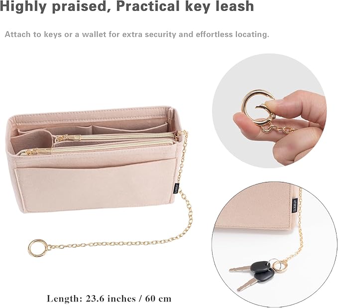 Purse Organizer Insert, Handbag Organizer with Zipper, Tote Shaper with Cup Holder & Keychain, Compatible with LV, Neverfull, MK, COACH, Longchamp, Kate Spade – Black-Sl. Lg