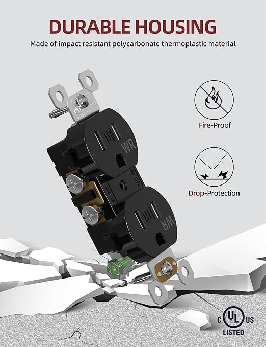 AIDA Duplex Receptacle Outlet, Tamper Resistant & Weather Resistance Outlets, Residential, 3-Wire, Self-Grounding, 15Amp 125V, UL Listed, Black (50 Pack)