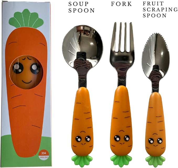 Carrot-Shaped Kids Cutlery Set – 3-Piece Toddler Utensil Set with Spoon, Fork & Fruit Scraper Spoon – Fun Baby Utensils with Carrot Handle and Matching Storage Case