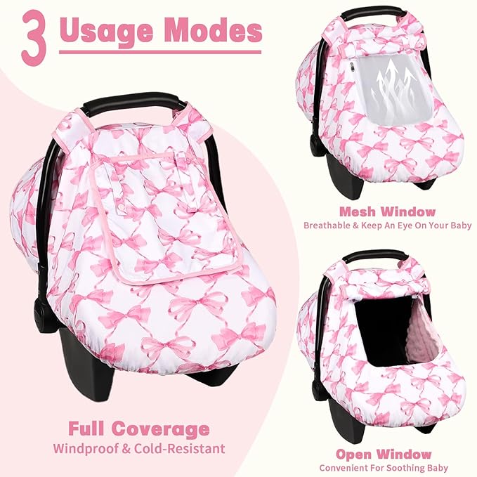 Car Seat Cover Baby, HNHUAMING Infant Car Seat Covers Canopy for Baby Girl Boy, Cozy & Windproof Newborn Carseat Covers Minky Dot Backing Stroller Cover with Breathable Mesh Window, Pink Bow