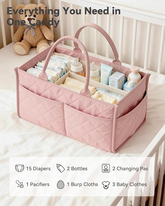 Baby Diaper Caddy Organizer – Spacious Storage Basket for Newborn Essentials, Nursery & Diaper Station, Registry Essential, Dusty Rose